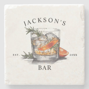 Stylish Whiskey Cocktail Name & Year Home Bar Stone Coaster