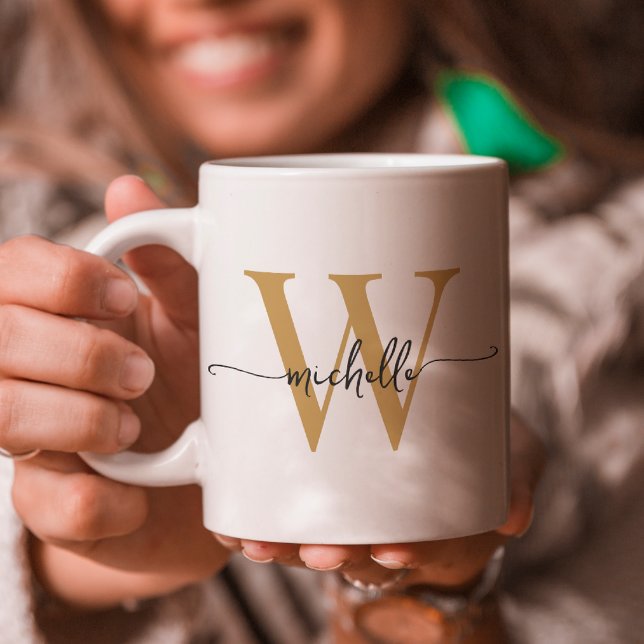Stylish White and Gold Monogram Name Script Coffee Mug (Creator Uploaded)