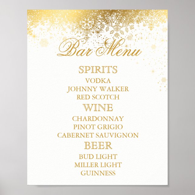 Stylish White and Gold Snowflakes - Bar Menu Poster (Front)