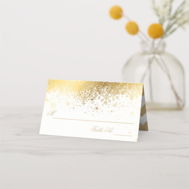 Stylish White and Gold Snowflakes Place Card (Front)