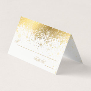 Stylish White and Gold Snowflakes Place Cards