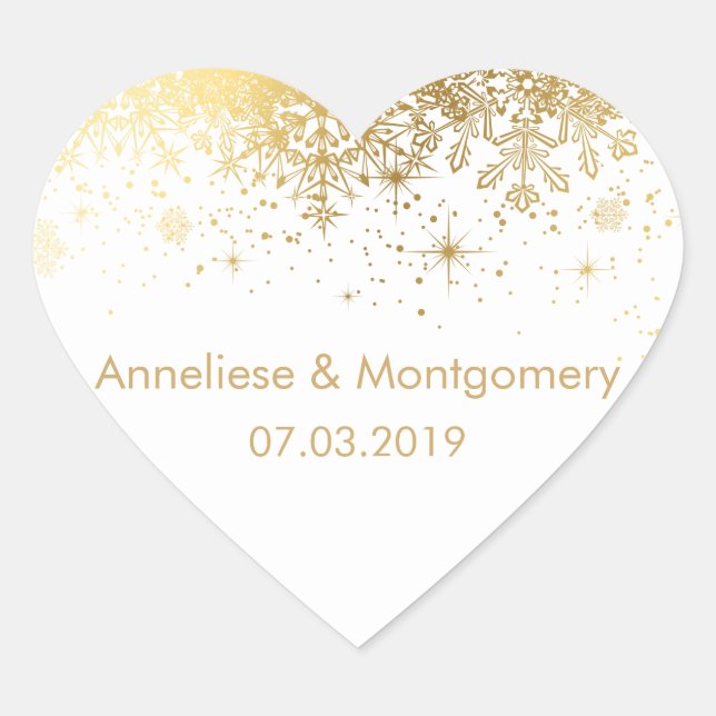 Stylish White and Gold Snowflakes | Wedding Heart Sticker (Front)