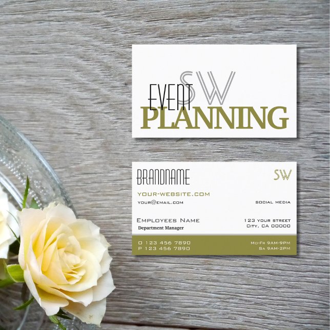 Stylish White and Olive Green with Monogram  Business Card (Creator Uploaded)