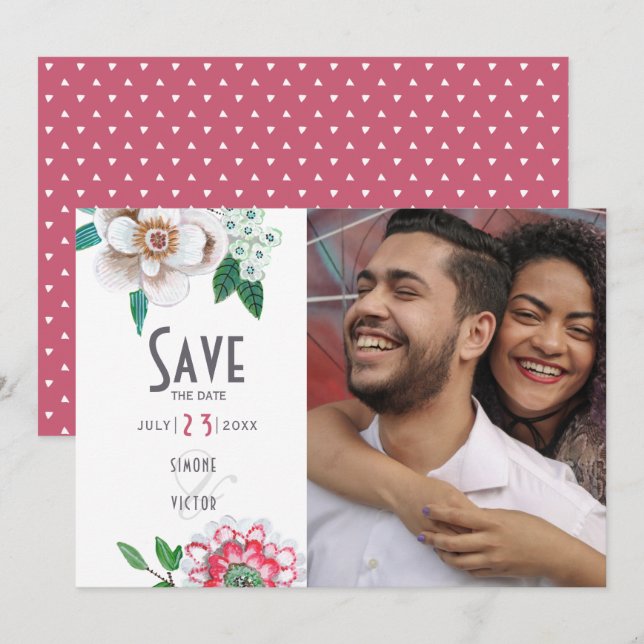 Stylish white and red Floral Photo Save the Date (Front/Back)