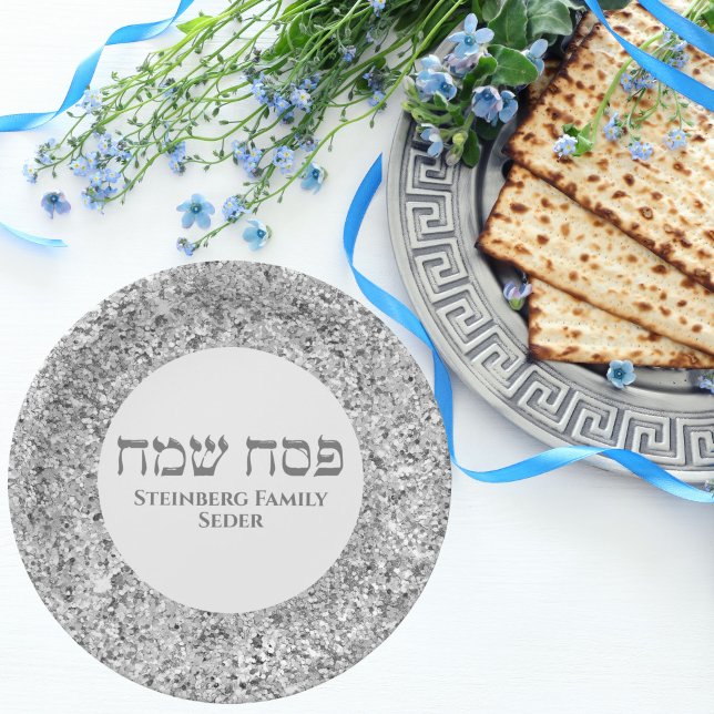 Stylish White and Silver Hebrew Happy Passover  Paper Plate (Creator Uploaded)