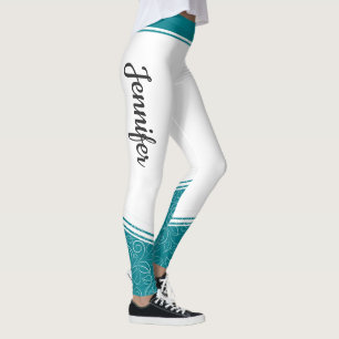 Stylish white and teal blue floral white name leggings