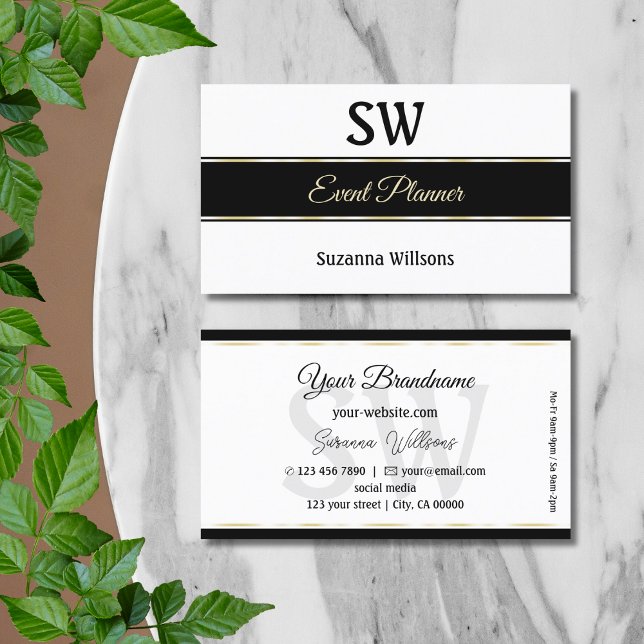 Stylish White Black and Gold Stripes with Monogram Business Card (Creator Uploaded)
