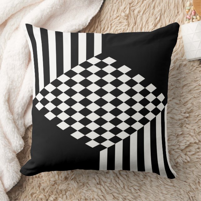 Stylish White & Black Stripes Diamond Checkers  Cushion (Blanket)
