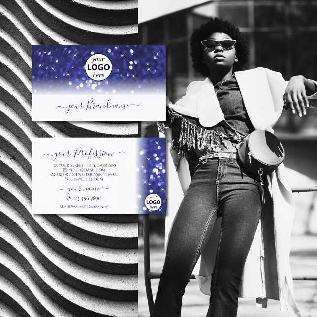 Stylish White Blue Sparkle Glitter Stars with Logo Business Card (Creator Uploaded)