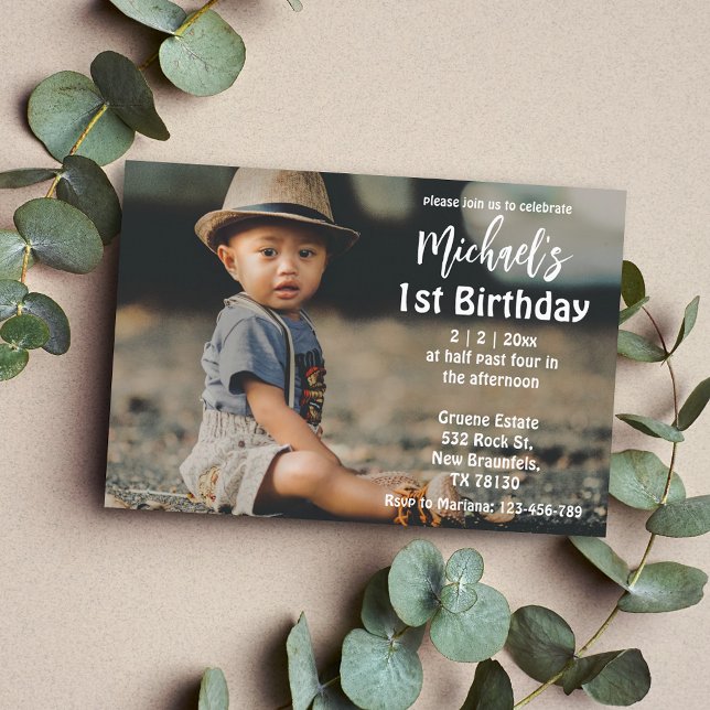 stylish white calligraphy  boy 1st birthday photo  invitation (Creator Uploaded)