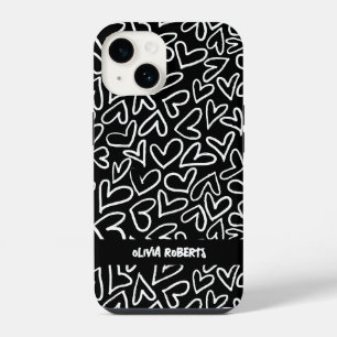 Stylish White Chalk Hearts Pattern Personalised iPhone 14 Case