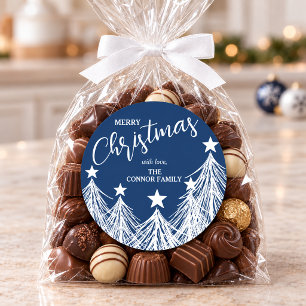 Stylish White Christmas Trees on Blue Classic Round Sticker