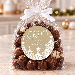 Stylish White Christmas Trees on Gold Classic Round Sticker