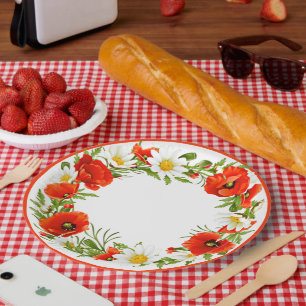 Stylish White Daisies Red Poppies Flower Wreath Paper Plate
