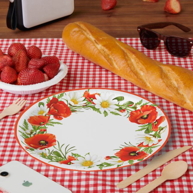 Stylish White Daisies Red Poppies Flower Wreath Paper Plate (Picnic)