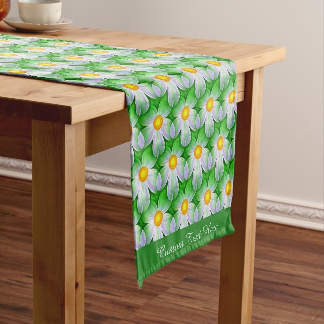 Stylish White Daisy Pattern Green Personalised Short Table Runner (In Situ)