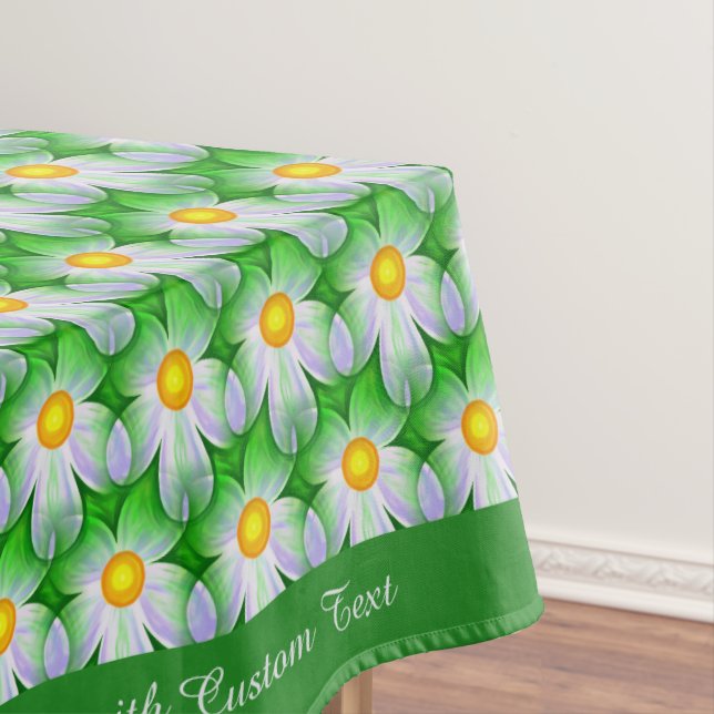 Stylish White Daisy Pattern Green Personalised Tablecloth (In Situ)