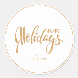 Stylish White & Faux Gold Happy Holidays Chrismas Classic Round Sticker