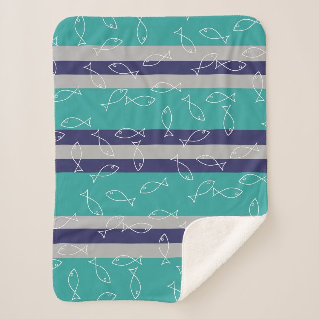 Stylish White Fish Pattern Sea Theme Throw Blanket (Front)