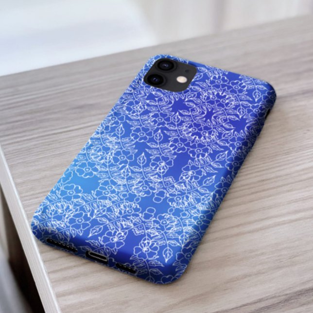 Stylish white Floral pattern swirl on blue Case-Mate iPhone Case (Creator Uploaded)