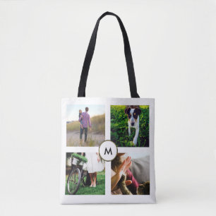 Stylish White Four Photo Grid with Monogram Tote Bag