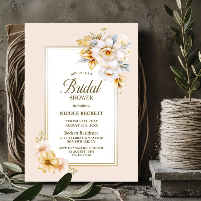 Stylish White Gold Floral Bridal Shower Invitation (Creator Uploaded)