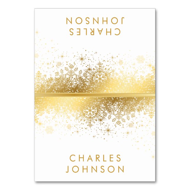Stylish White & Gold Snowflakes | Place Cards (Front)