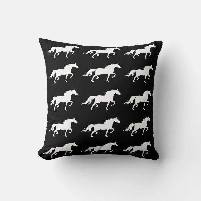 Stylish  white horse silhouettes on black cushion (Front)