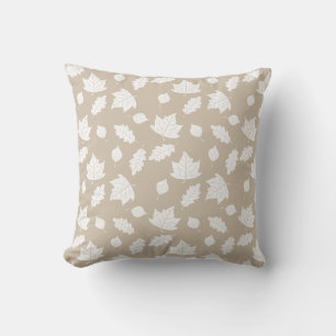 Stylish White Leaves Pattern On Beige Cushion
