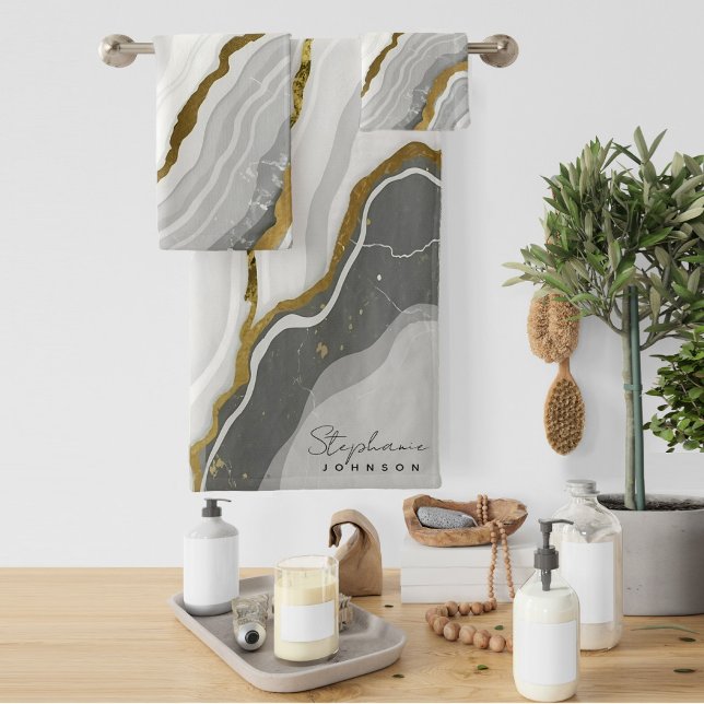 Stylish White Marble grey Agate Gold Glitter  Bath Towel Set (Stylish White Marble gray Agate Gold Glitter Bath Towel Set)