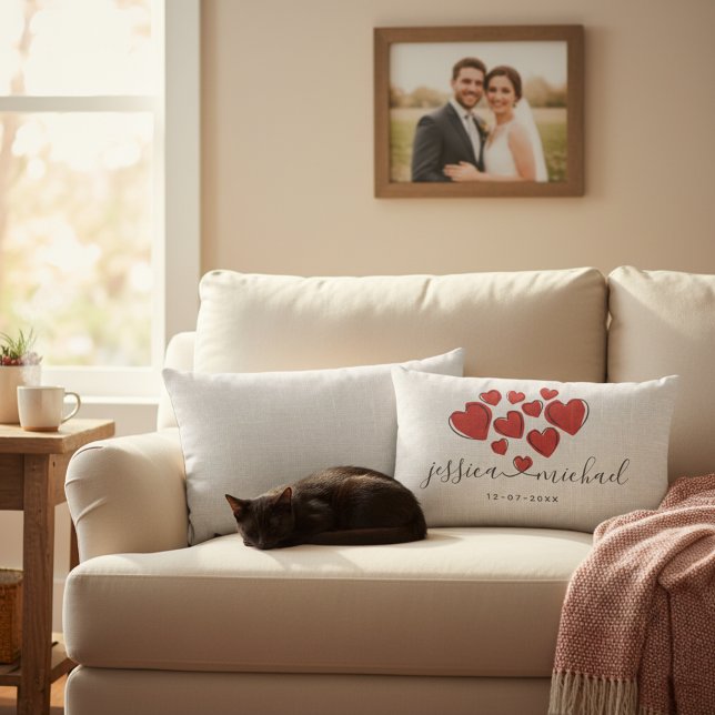 Stylish White Newlyweds Names with Hearts Wedding Lumbar Cushion (Romantic wedding lumbar pillow with custom couple's names and wedding date.)