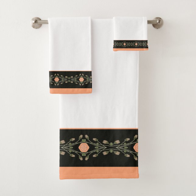Stylish White Peach with Green And Black Bath Towel Set (Insitu)