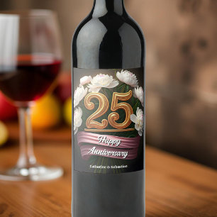 Stylish White Peonies 25th Wedding Anniversary Wine Label