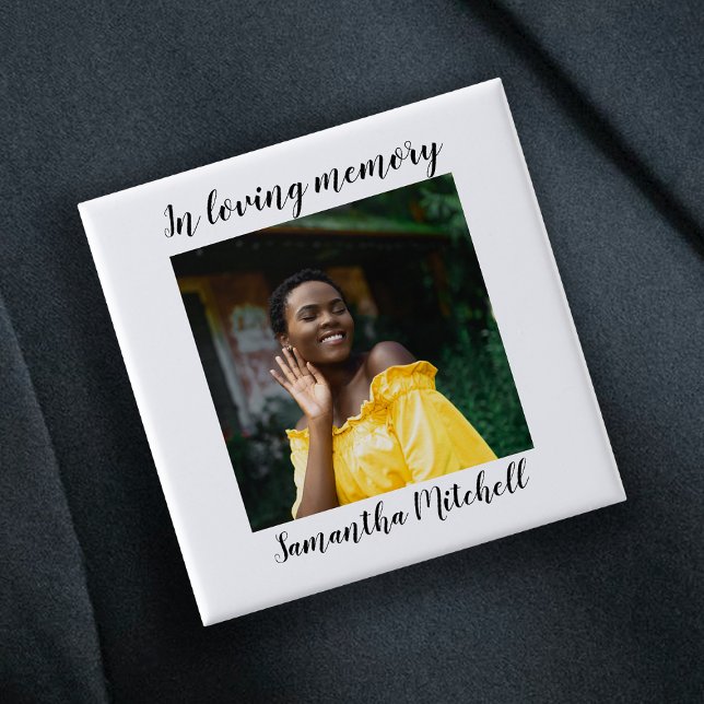 Stylish White Photo Funeral 15 Cm Square Badge (Creator Uploaded)