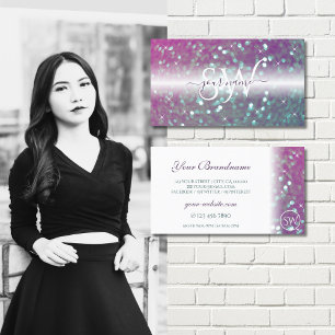 Stylish White Pink Teal Sparkling Glitter Monogram Business Card