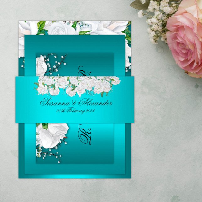 Stylish White Rose Bouquet on Aqua Wedding Invitation Belly Band (Creator Uploaded)