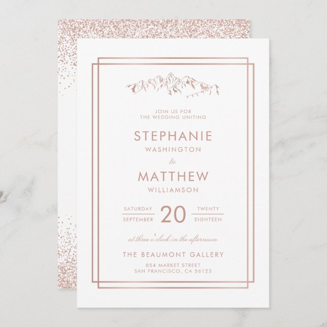 Stylish White & Rose Gold Mountain Wedding Invitation (Front/Back)