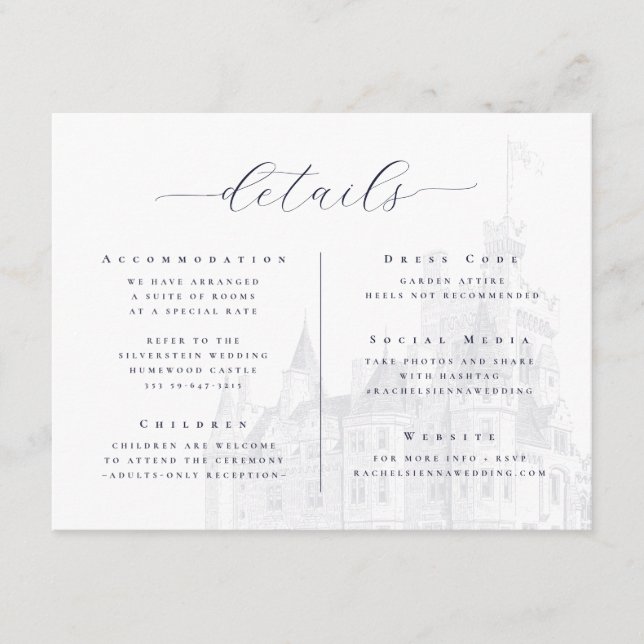 Stylish White Script Castle Wedding Details Enclosure Card (Front)