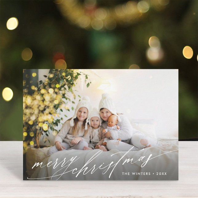 Stylish White Script Merry Christmas Photo Holiday Card (Creator Uploaded)