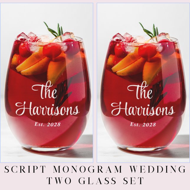 Stylish White Script Monogram Wedding Stemless Wine Glass (Creator Uploaded)