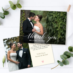 Stylish White Script Wedding Photo Thank You Card