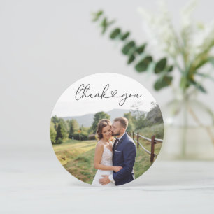 Stylish White Script Wedding Photo Thank You Card