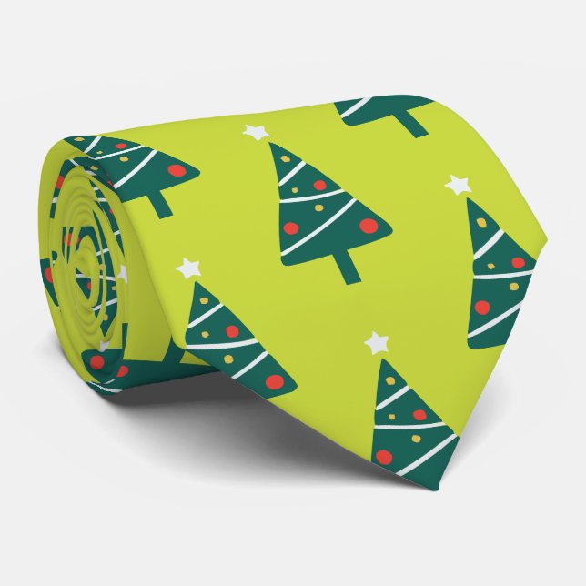 Stylish White Star Green Christmas Tree Pattern Tie (Rolled)