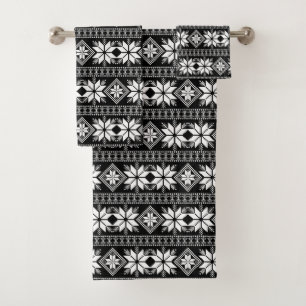 Stylish White Star Vector Pattern on Black Bath Towel Set