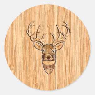 Stylish White Tail Buck Antlers Light Wood Grain Classic Round Sticker