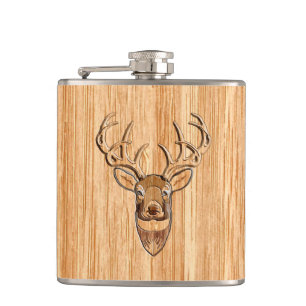 Stylish White Tail Deer Buck Head Light Wood Grain Hip Flask