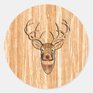Stylish White Tail Deer Head Light Wood Grain Deco Classic Round Sticker