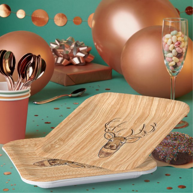 Stylish White Tail Deer Head Light Wood Grain Deco Paper Plate (Multi)