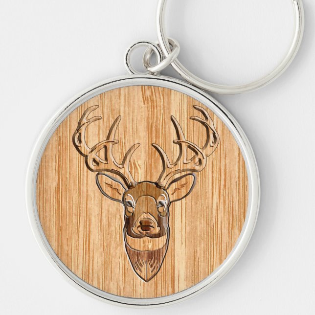 Stylish White Tail Deer Head Wood Grain Print Key Ring (Front)