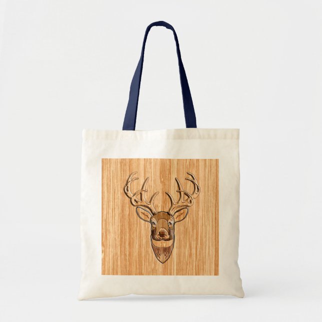 Stylish White Tail Deer Head Wood Grain Print Tote Bag (Front)